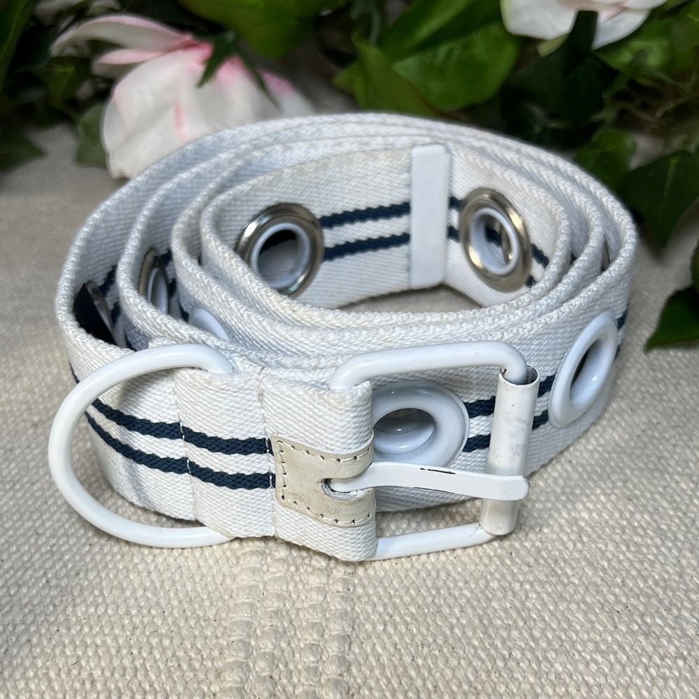 ⚓️Vintage White Canvas Belt with Navy Stripes and Grommets